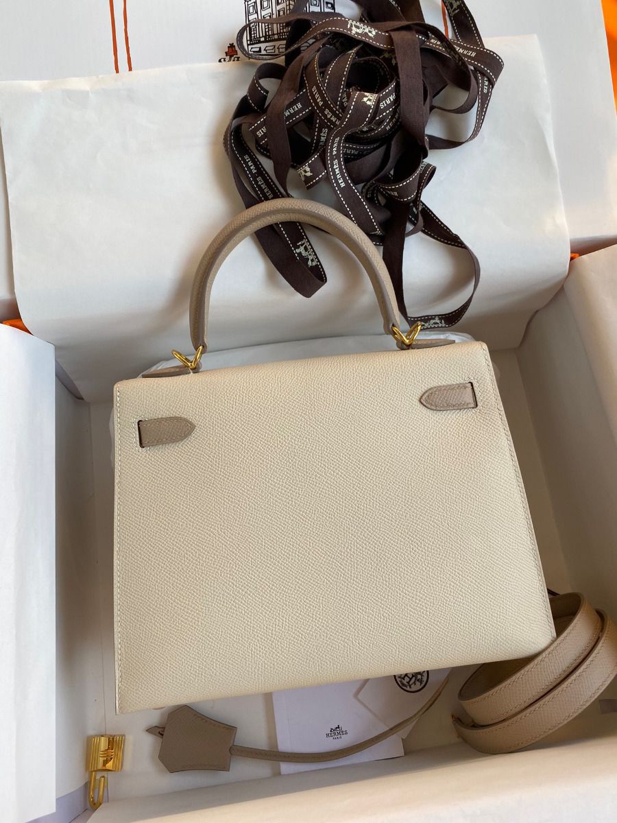 Hermes Kelly Sellier 25 Bicolor Bag in Craie and Trench Epsom Calfskin - Image 3