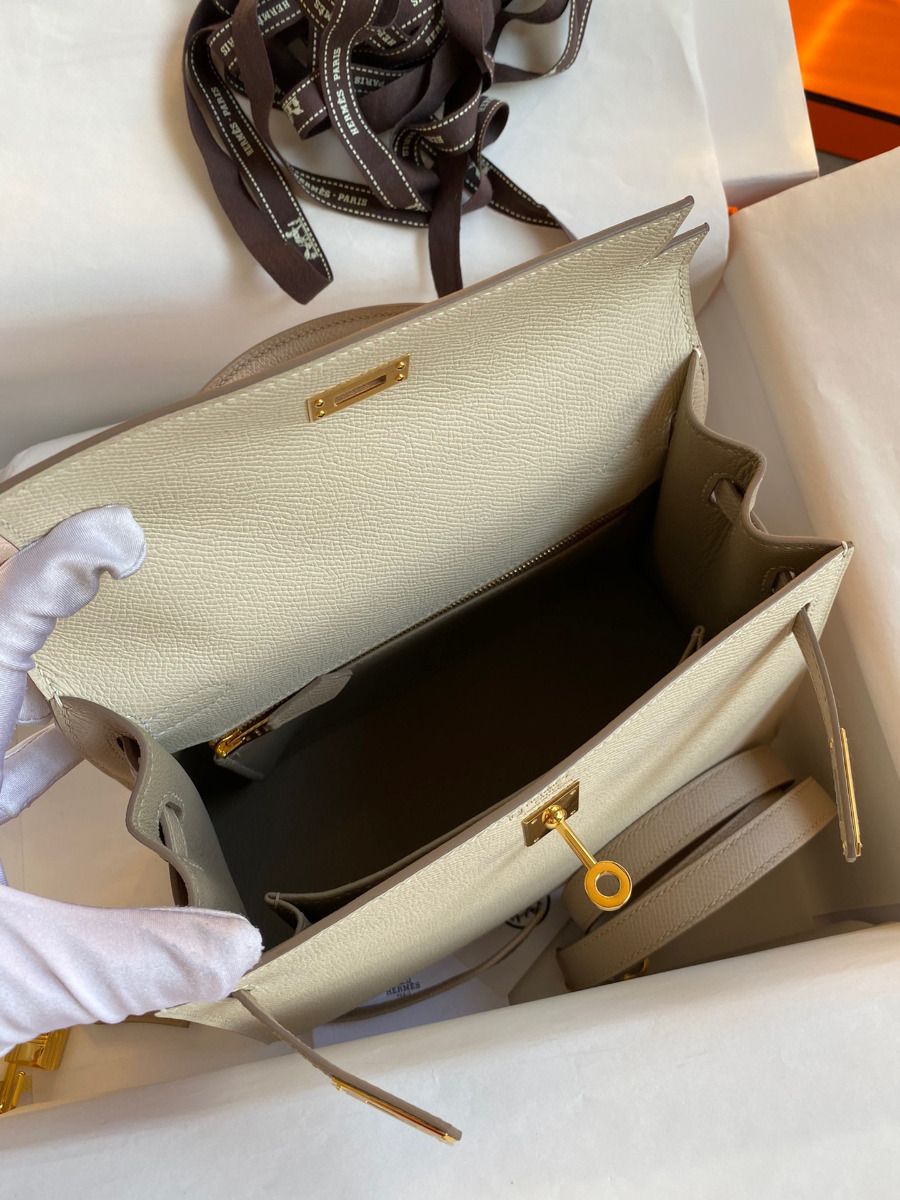 Hermes Kelly Sellier 25 Bicolor Bag in Craie and Trench Epsom Calfskin - Image 9