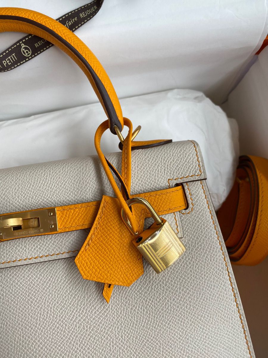 Hermes Kelly Sellier 25 Bicolor Bag in Craie and Yellow Epsom Calfskin - Image 4
