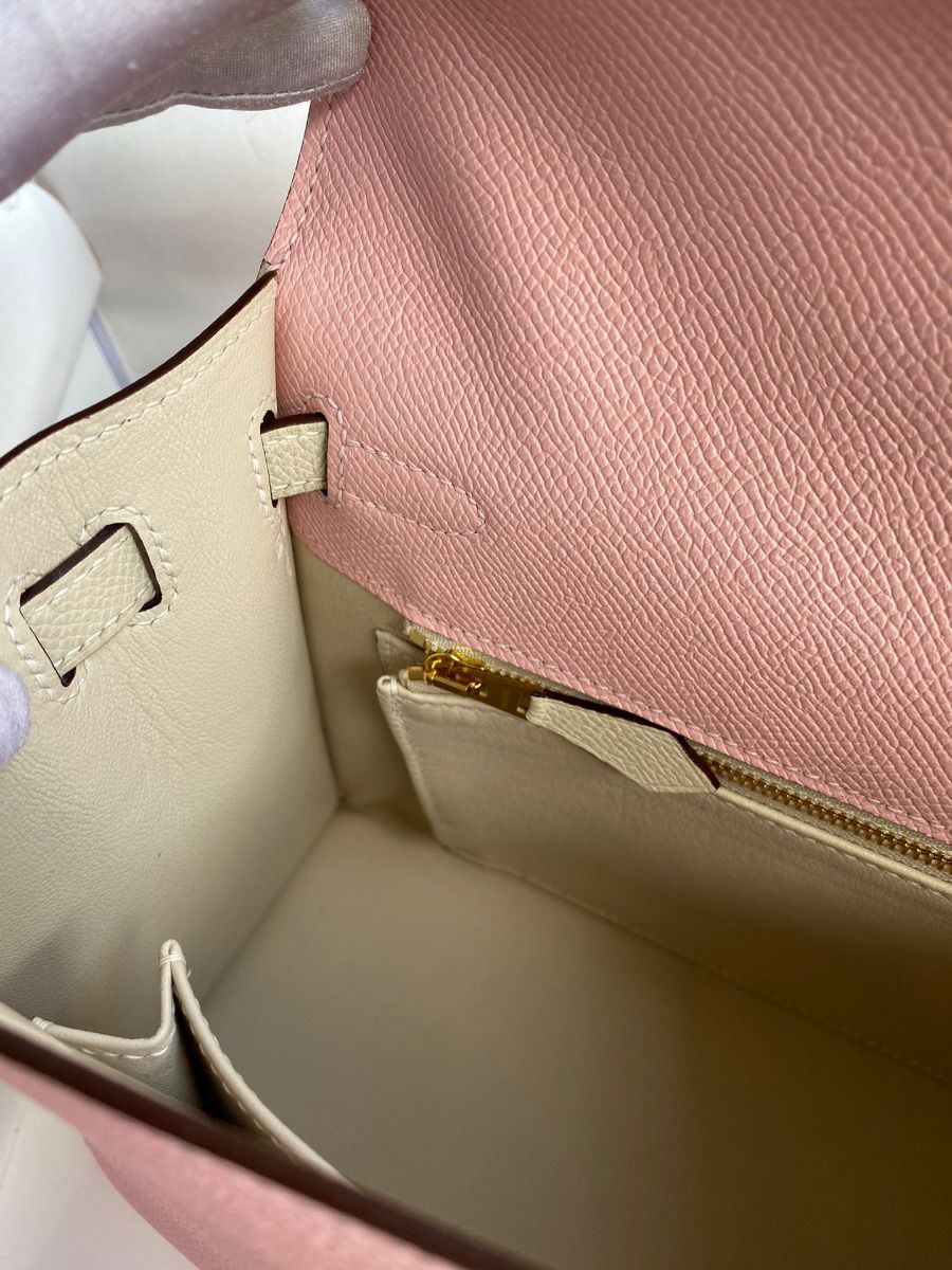 Hermes Kelly Sellier 25 Bicolor Bag in Rose Sakura and Craie Epsom Calfskin - Image 10