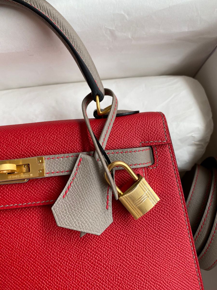 Hermes Kelly Sellier 25 Bicolor Bag in Red and Etain Epsom Calfskin - Image 4