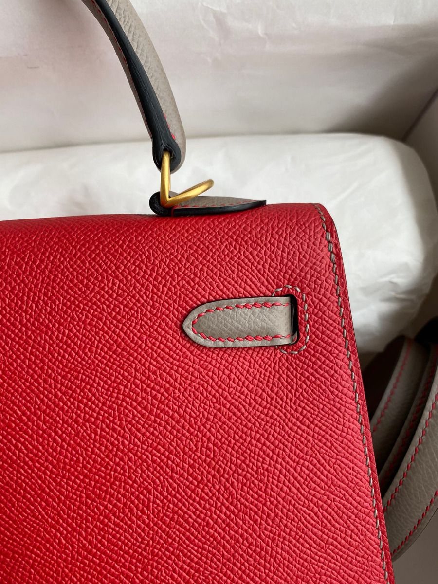 Hermes Kelly Sellier 25 Bicolor Bag in Red and Etain Epsom Calfskin - Image 5