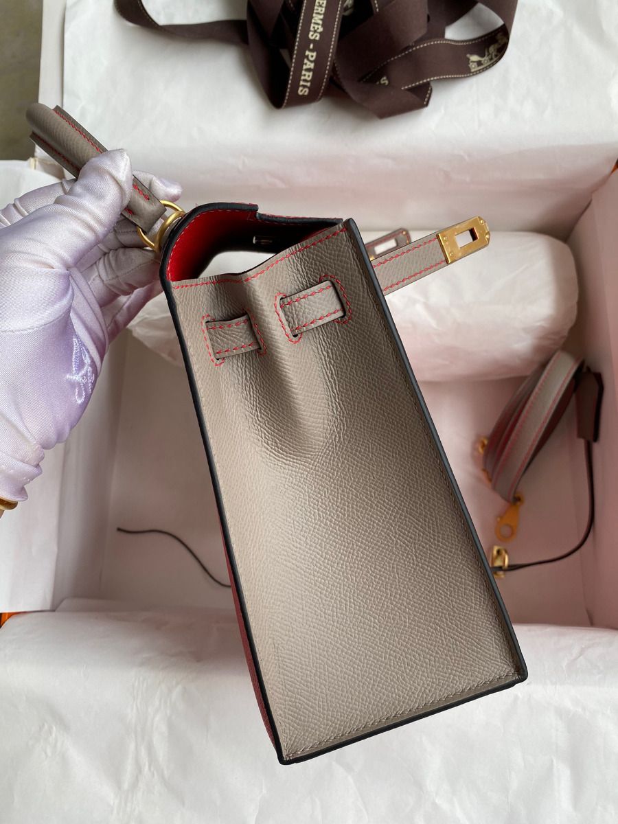 Hermes Kelly Sellier 25 Bicolor Bag in Red and Etain Epsom Calfskin - Image 6