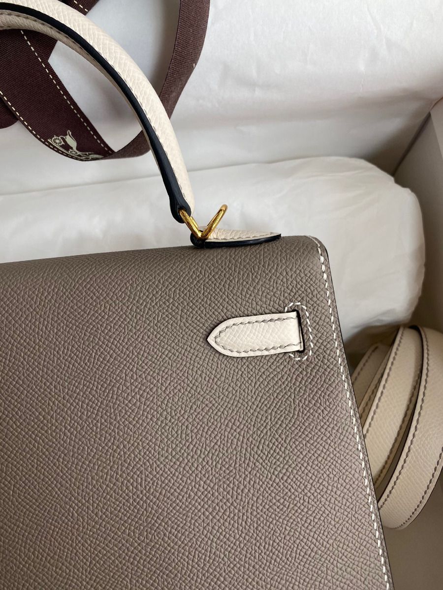 Hermes Kelly Sellier 25 Bicolor Bag in Taupe and Craie Epsom Calfskin - Image 5