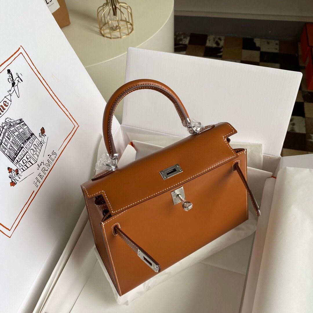 Hermes Kelly Sellier 25 Handmade Bag in Caramel Box Calfskin - Image 10