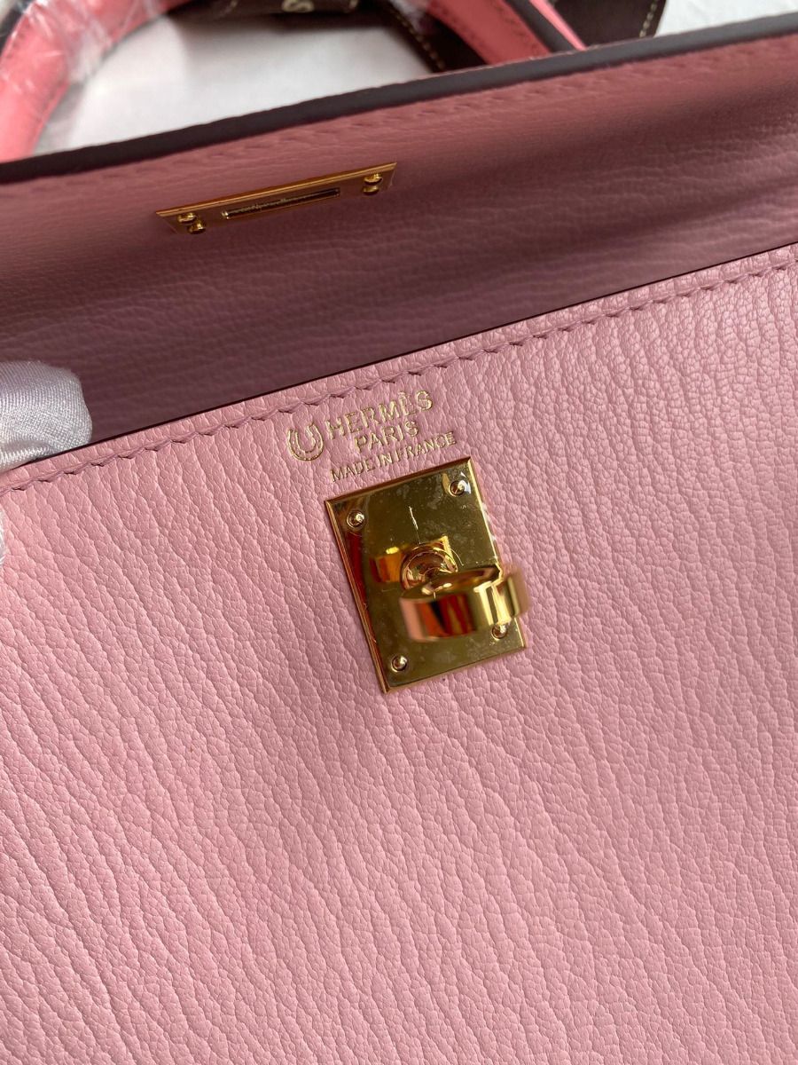 Hermes Kelly Sellier 25 Bicolor Bag in Rose Confetti and Lipstick Mysore Goatskin - Image 7