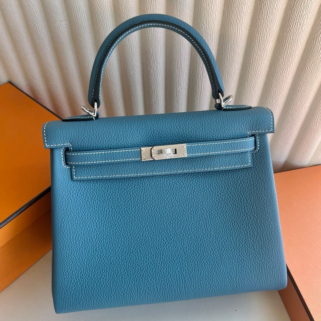 Hermes Kelly Retourne 25 Handmade Bag Blue Jean Clemence Leather