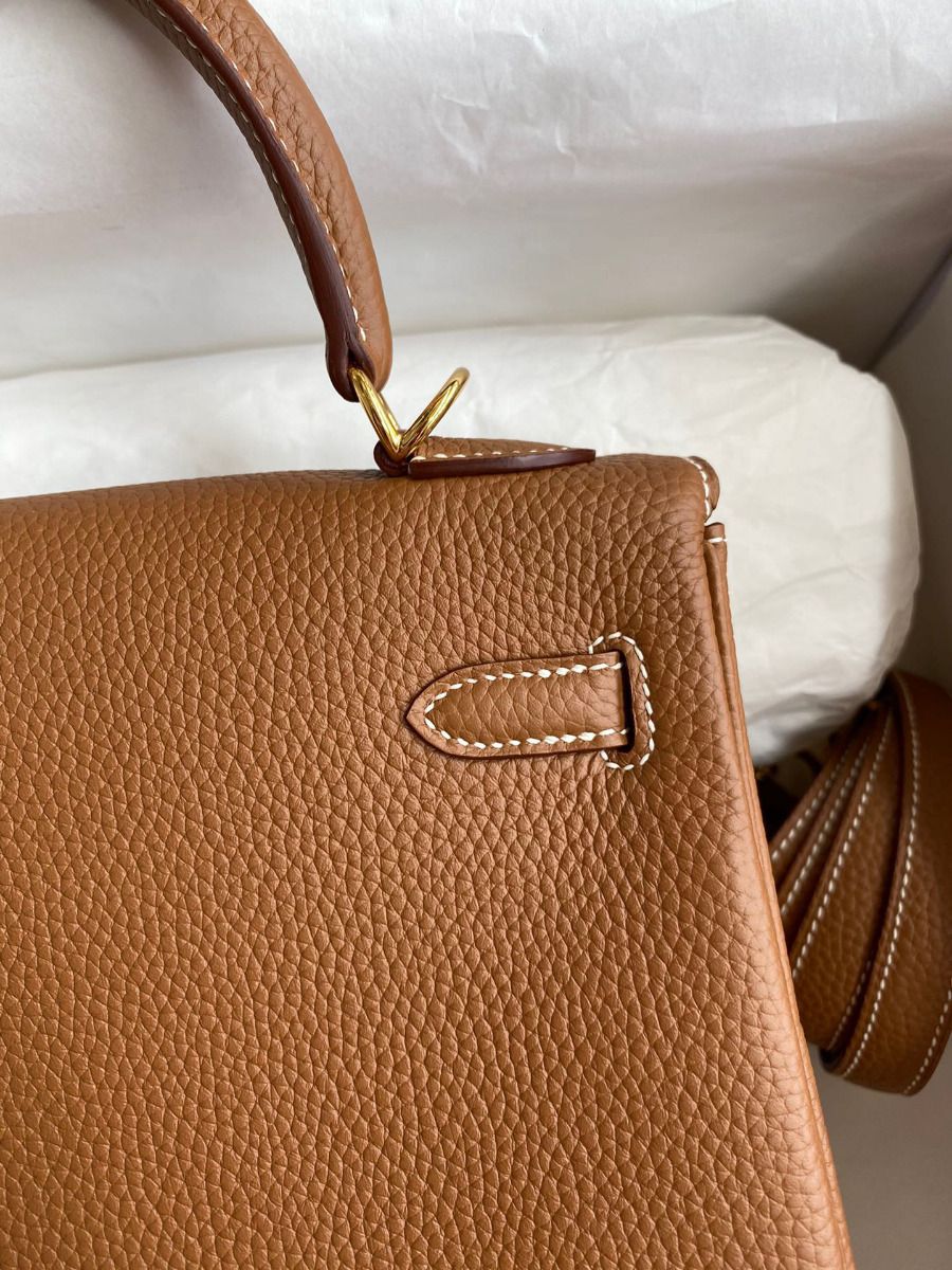 Hermes Kelly Retourne 25 Handmade Bag In Gold Clemence Leather - Image 5