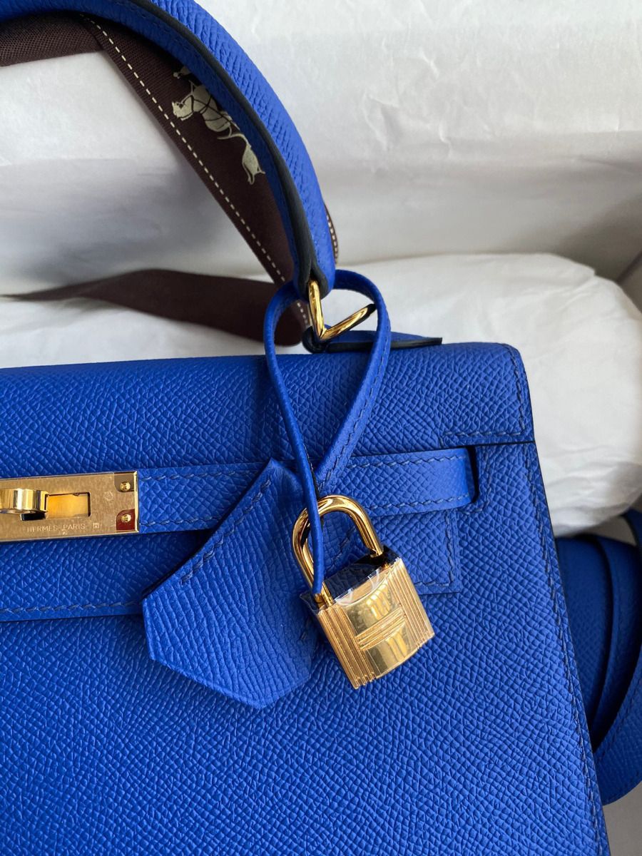 Hermes Kelly Sellier 25 Handmade Bag In Blue France Epsom Calfskin - Image 4