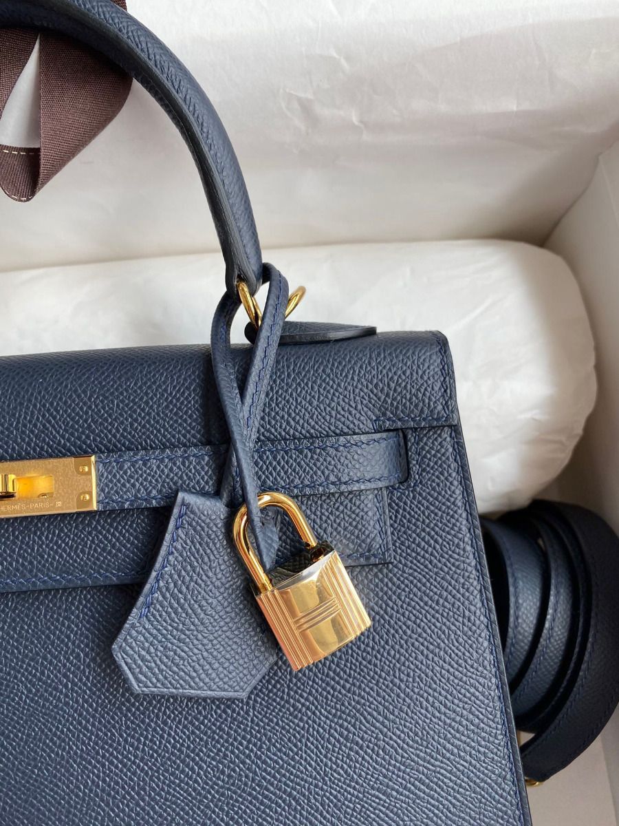 Hermes Kelly Sellier 25 Handmade Bag In Blue Indigo Epsom Calfskin - Image 4