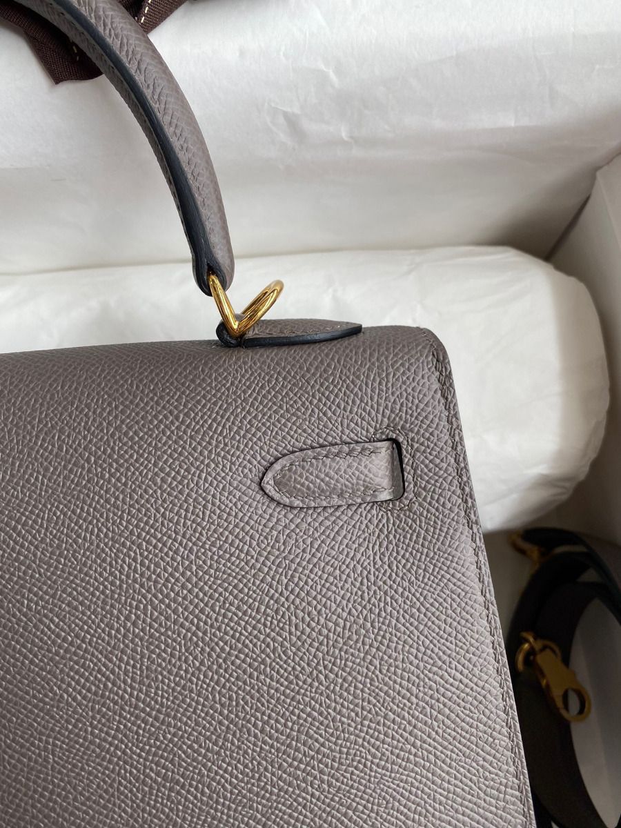 Hermes Kelly Sellier 25 Handmade Bag In Etain Epsom Calfskin - Image 5