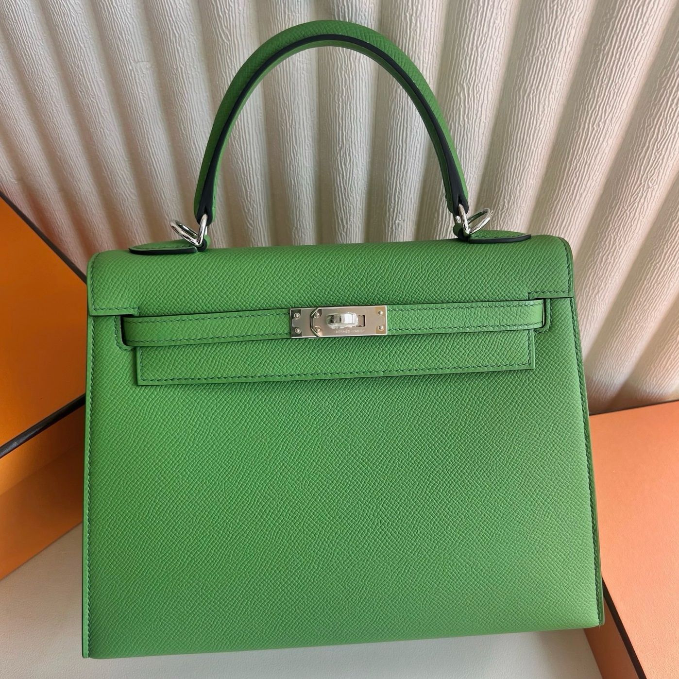 Hermes Kelly Sellier 25 Handmade Bag in Vert Yucca Epsom Calfskin