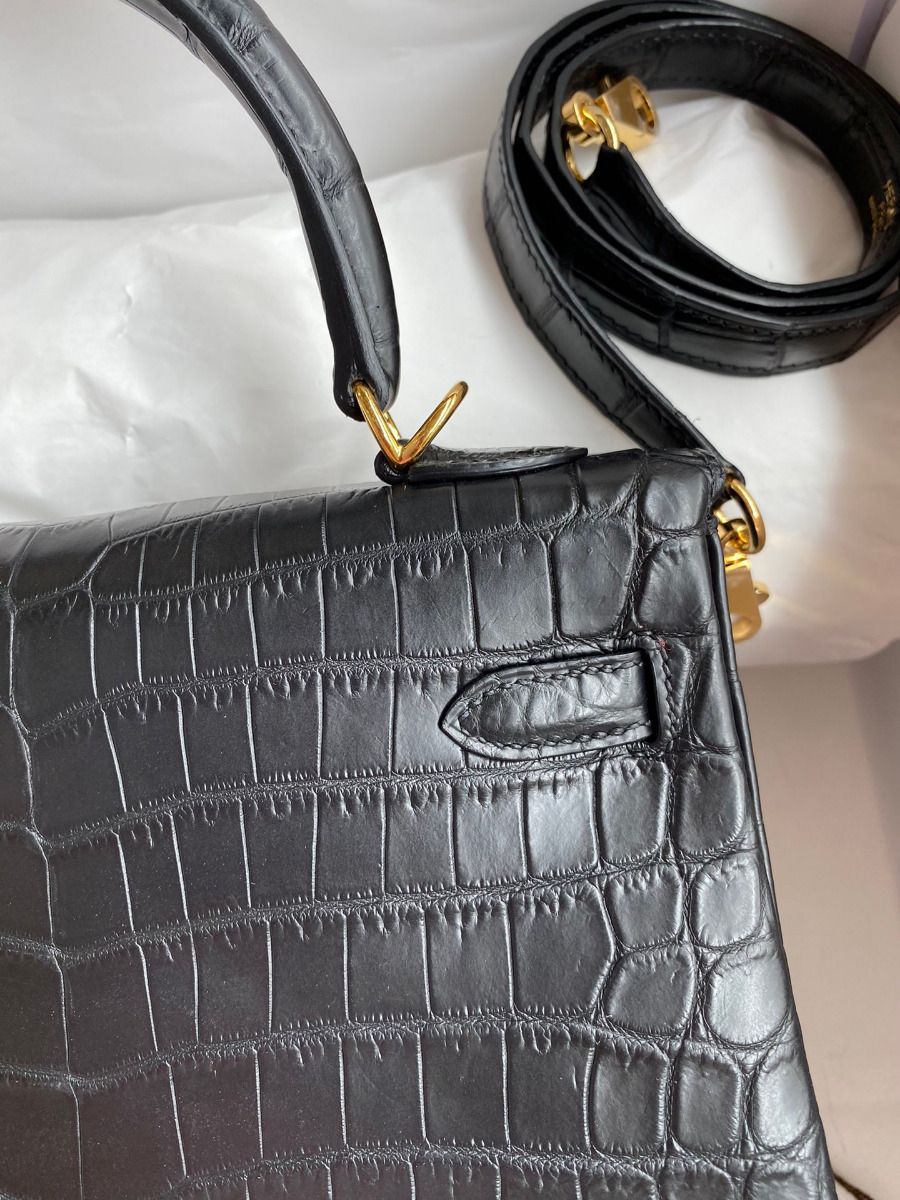 Hermes Kelly Retourne 25 Handmade Bag In Black Crocodile Niloticus Matte Skin - Image 5