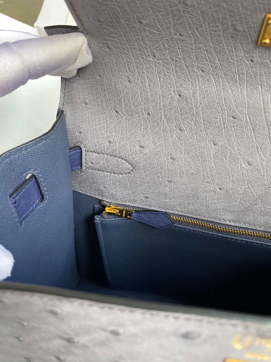 Hermes Kelly Sellier 25 Bicolor Bag in Gris Agate and Blue Ostrich Leather - Image 10