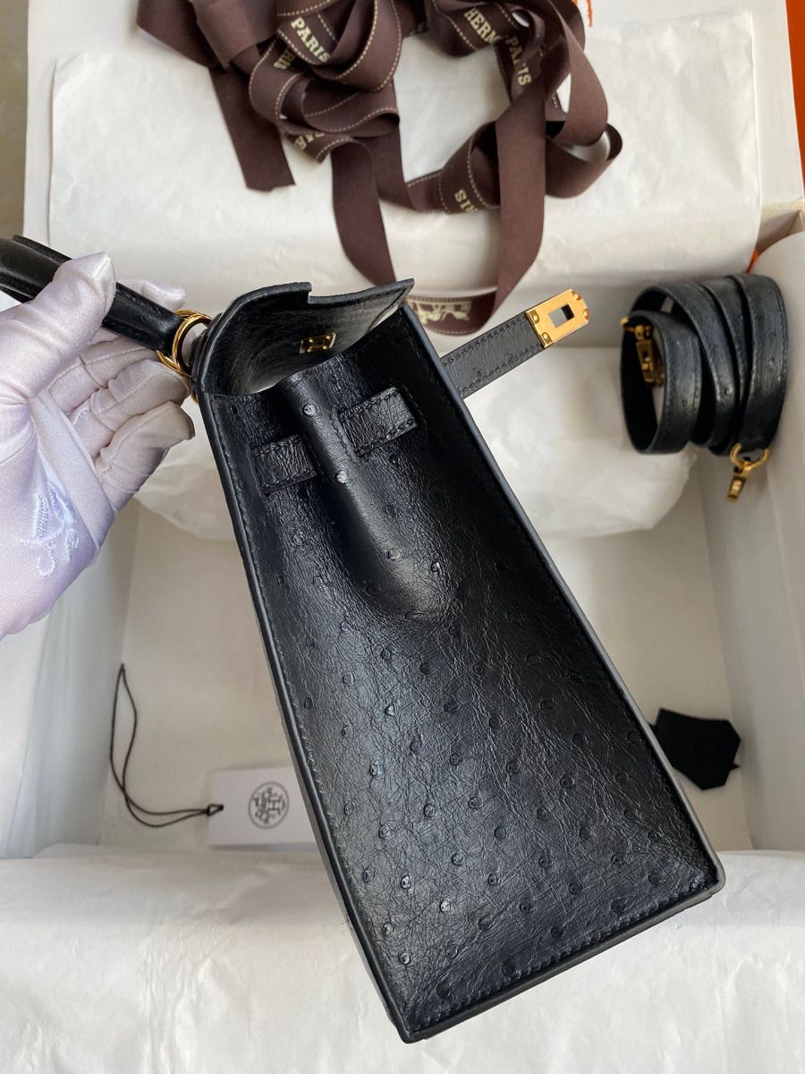 Hermes Kelly Sellier 25 Handmade Bag In Black Ostrich Leather - Image 5