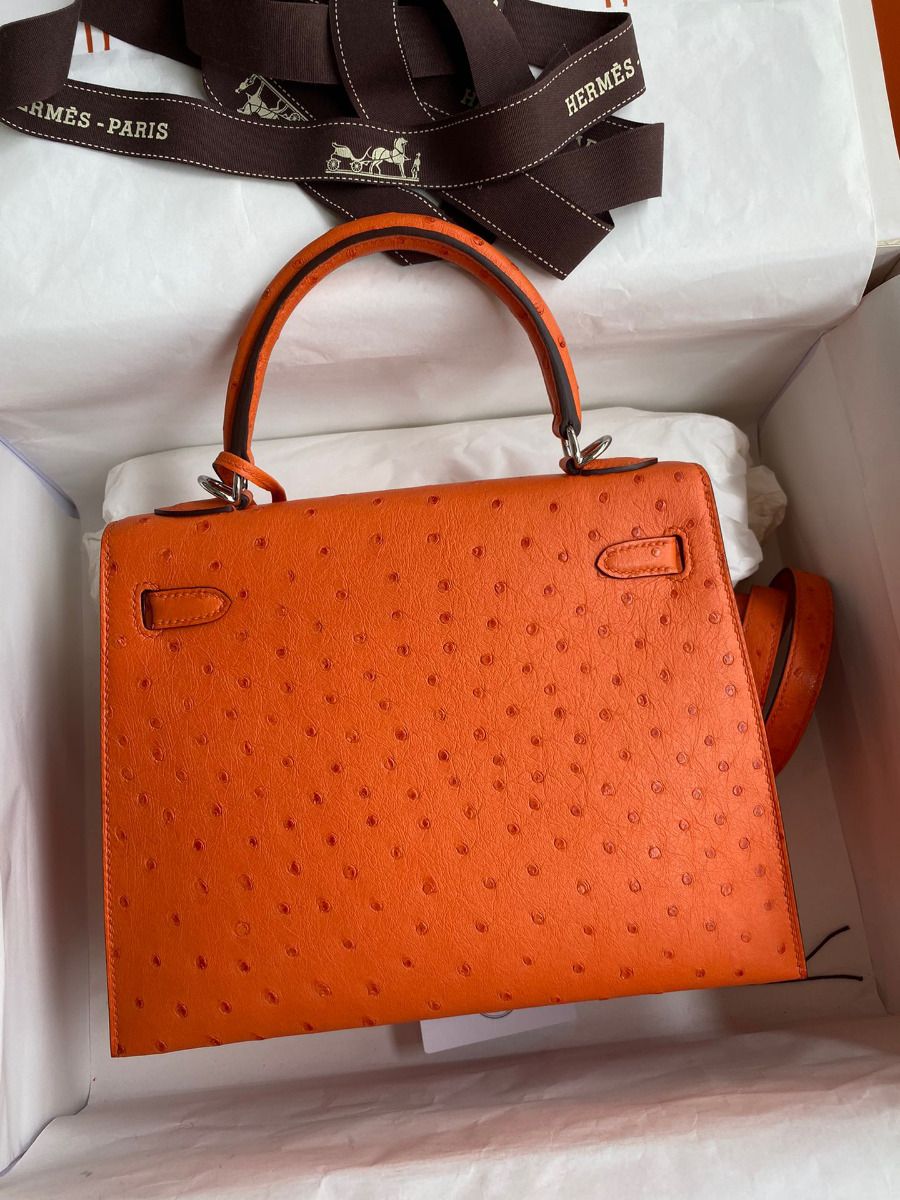 Hermes Kelly Sellier 25 Handmade Bag In Orange Ostrich Leather - Image 3