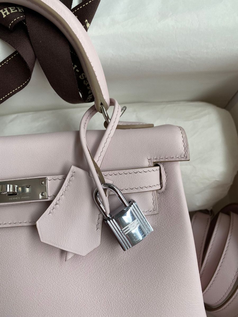 Hermes Kelly Retourne 25 Handmade Bag In Mauve Pale Swift Calfskin - Image 4