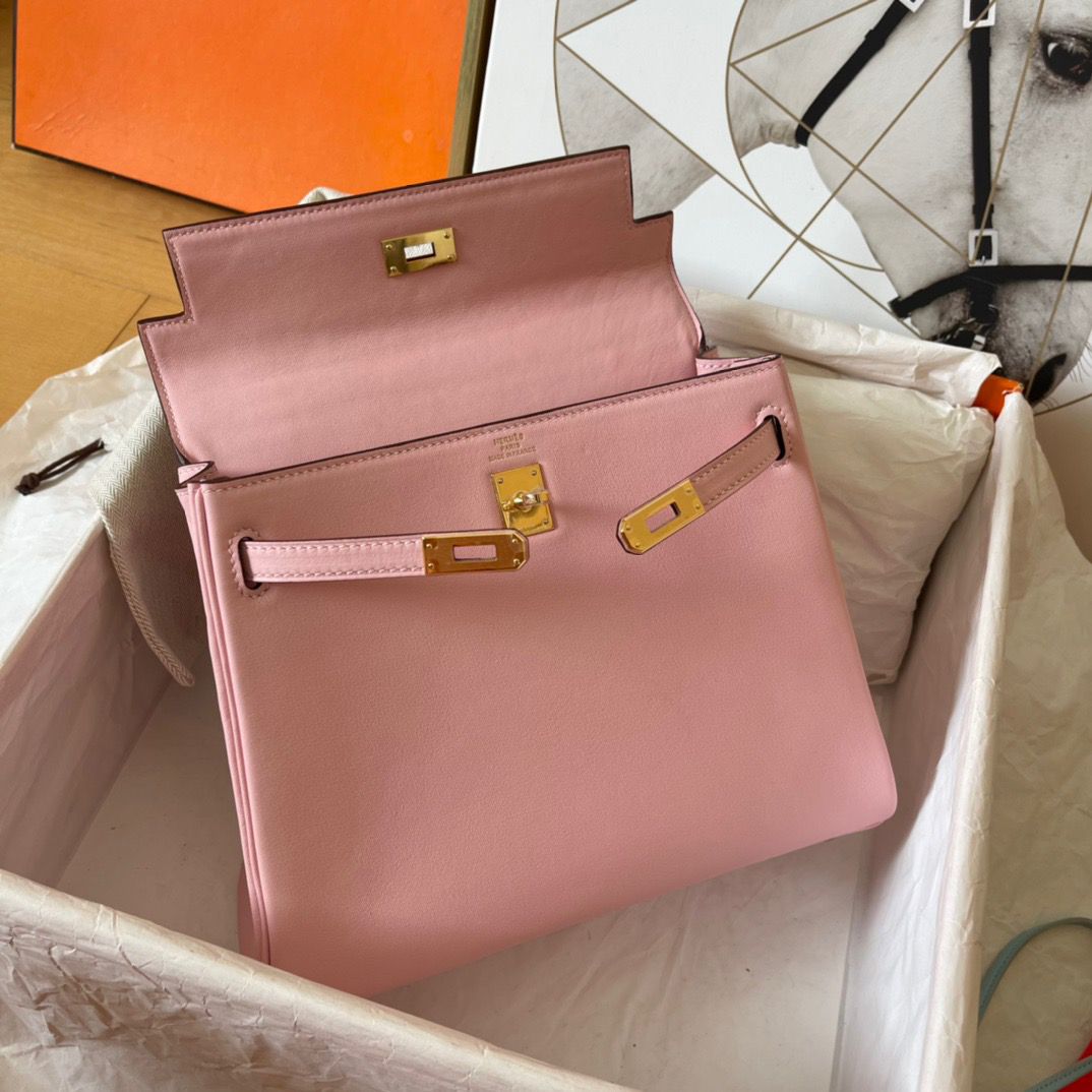 Hermes Kelly Retourne 25 Handmade Bag In Pink Swift Calfskin - Image 10