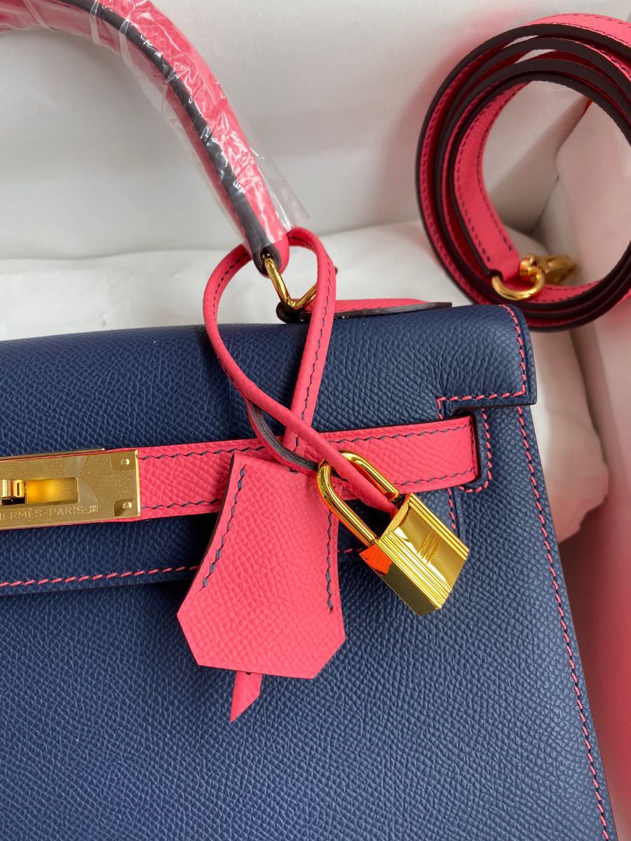 Hermes Kelly Sellier 28 Bicolor Bag in Blue Saphir and Rose Lipstick Epsom Calfskin - Image 4