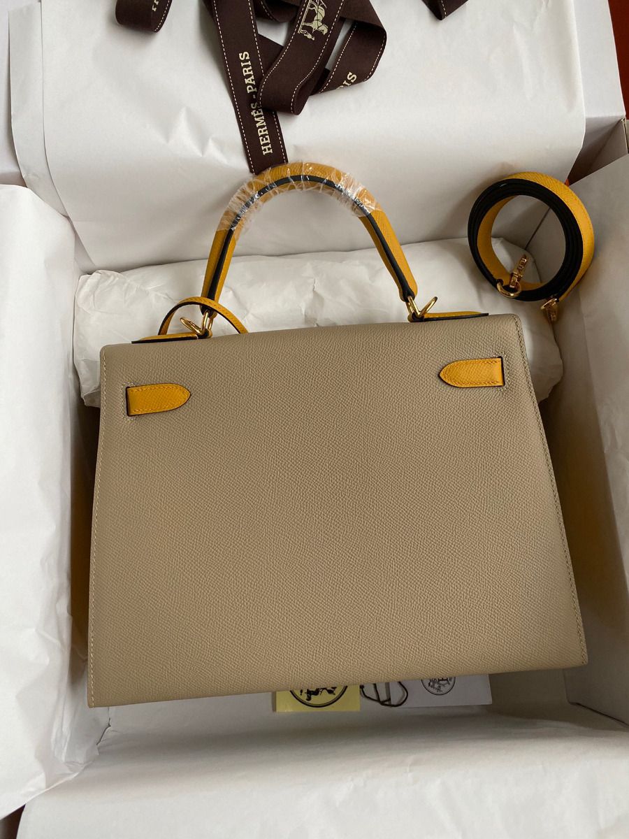 Hermes Kelly Sellier 28 Bicolor Bag in Trench and Yellow Epsom Calfskin - Image 3
