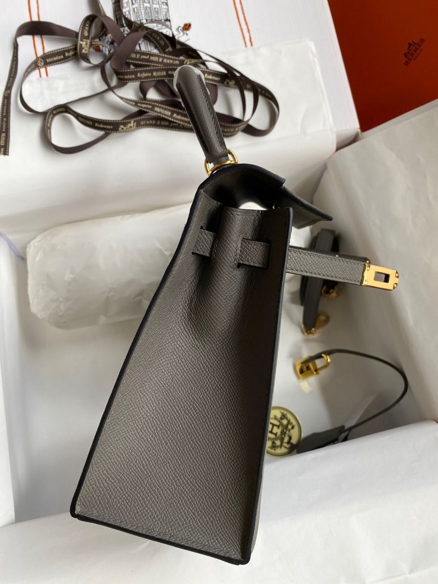Hermes Kelly Sellier 28 Handmade Bag In Etain Epsom Calfskin - Image 6