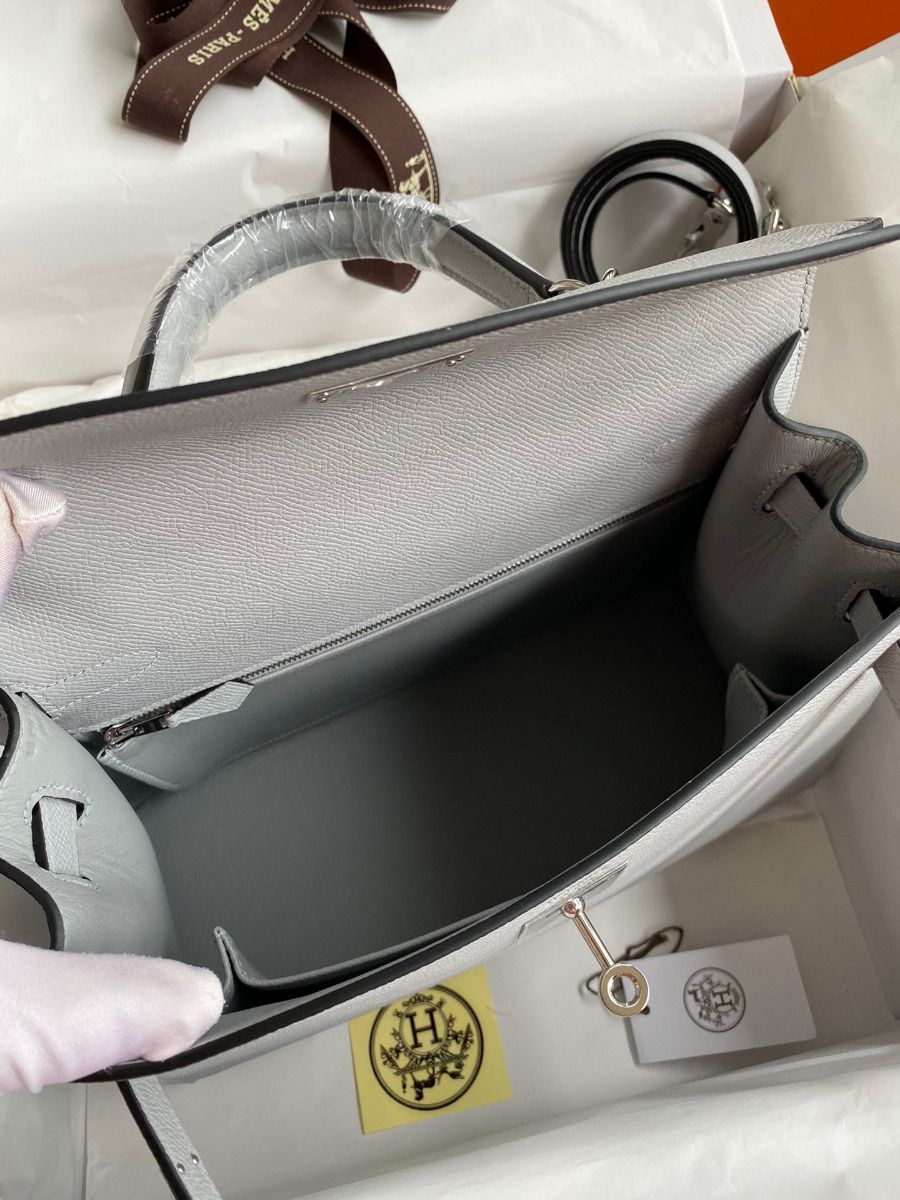 Hermes Kelly Sellier 28 Handmade Bag In Gris Mouette Epsom Calfskin - Image 9