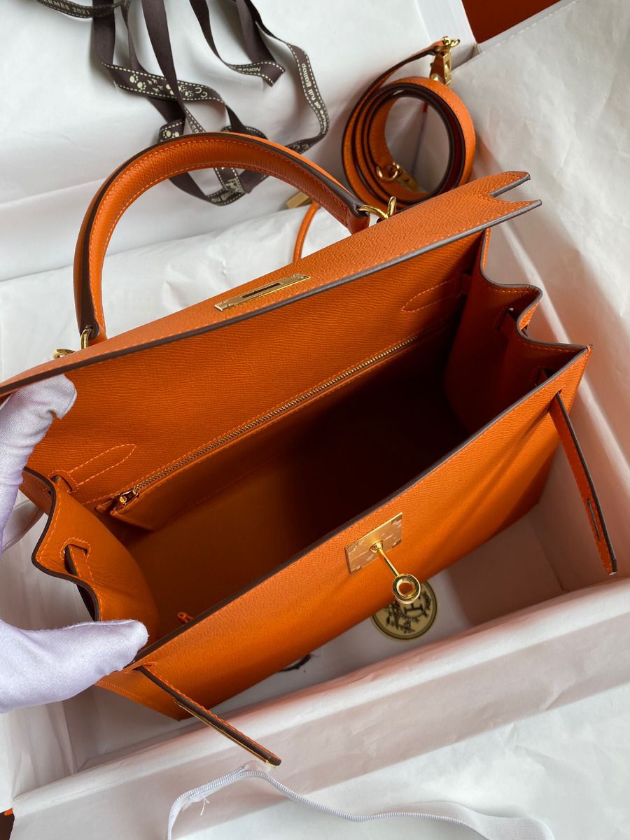 Hermes Kelly Sellier 28 Handmade Bag In Orange Epsom Calfskin - Image 9