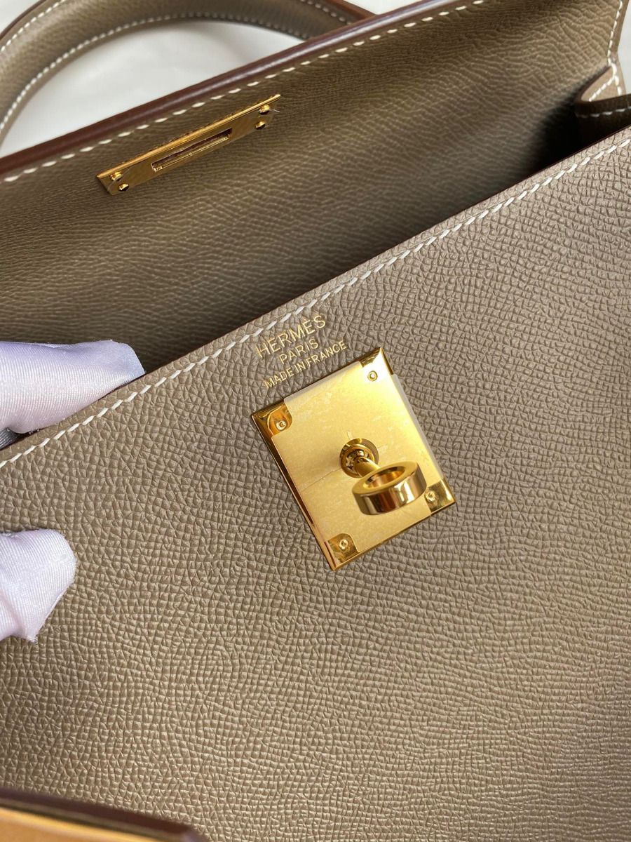 Hermes Kelly Sellier 28 Handmade Bag In Taupe Epsom Calfskin - Image 8