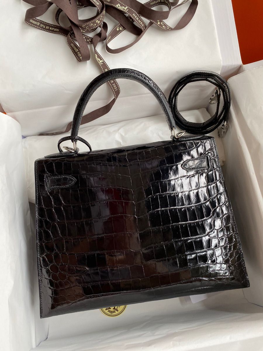 Hermes Kelly Sellier 28 Handmade Bag In Black Crocodile Niloticus Shiny Skin - Image 3