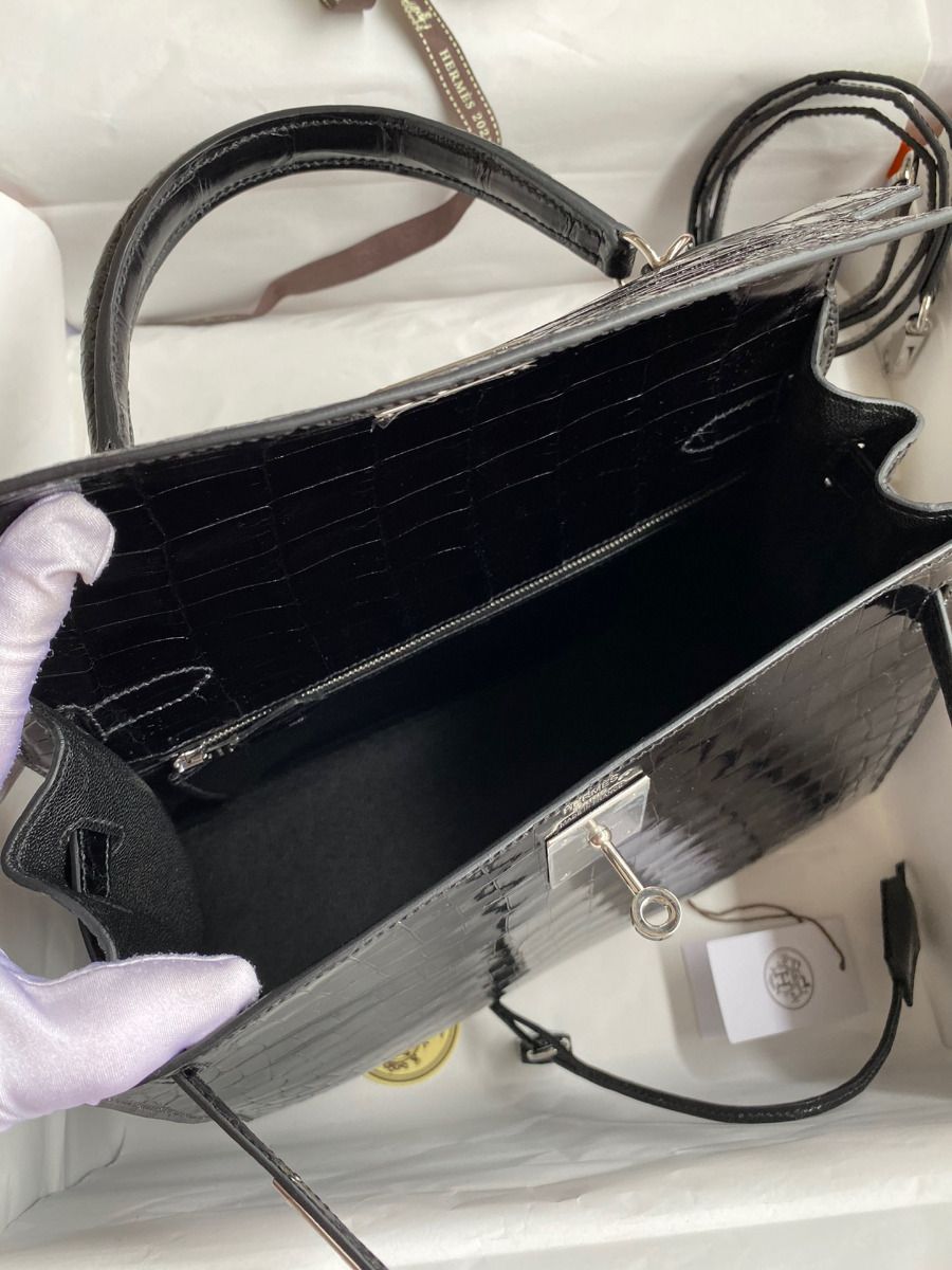 Hermes Kelly Sellier 28 Handmade Bag In Black Crocodile Niloticus Shiny Skin - Image 9