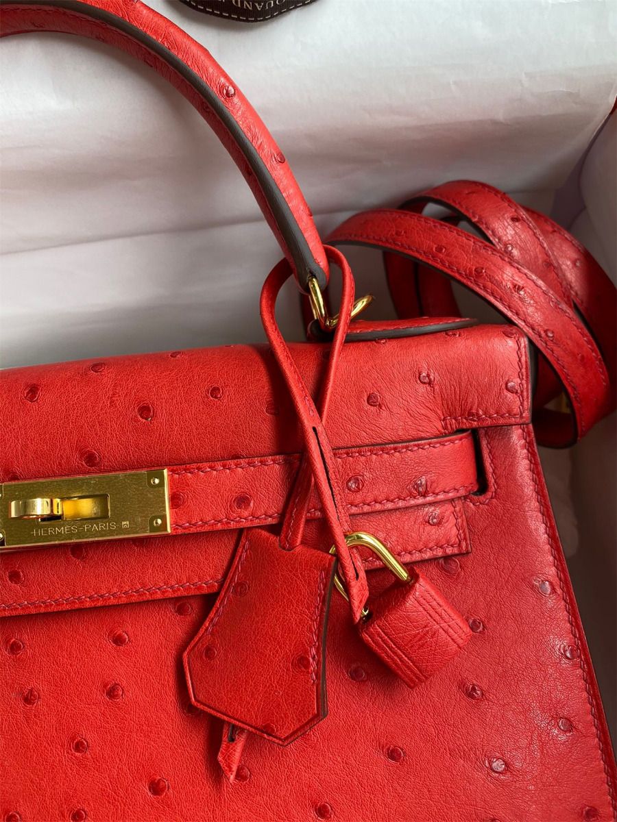Hermes Kelly Sellier 28 Handmade Bag In Red Ostrich Leather - Image 4