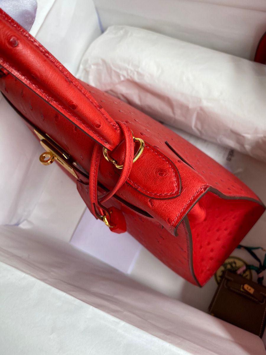 Hermes Kelly Sellier 28 Handmade Bag In Red Ostrich Leather - Image 6