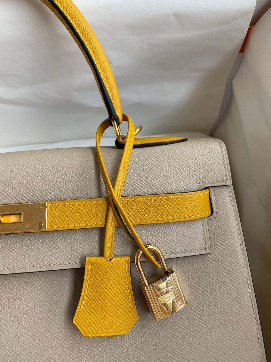 Hermes Kelly Sellier 32 Bicolor Bag in Trench and Yellow Epsom Calfskin - Image 4