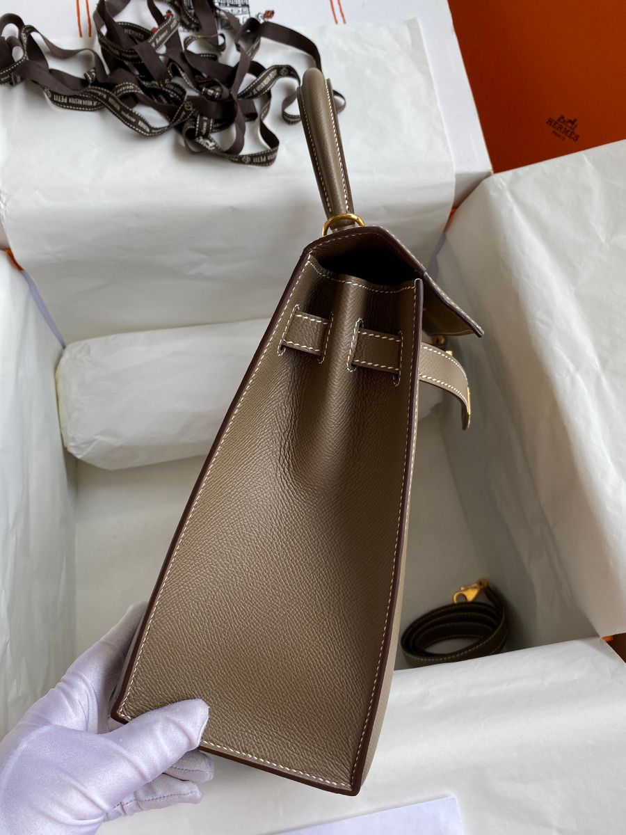 Hermes Kelly Sellier 32 Handmade Bag In Taupe Epsom Calfskin - Image 6