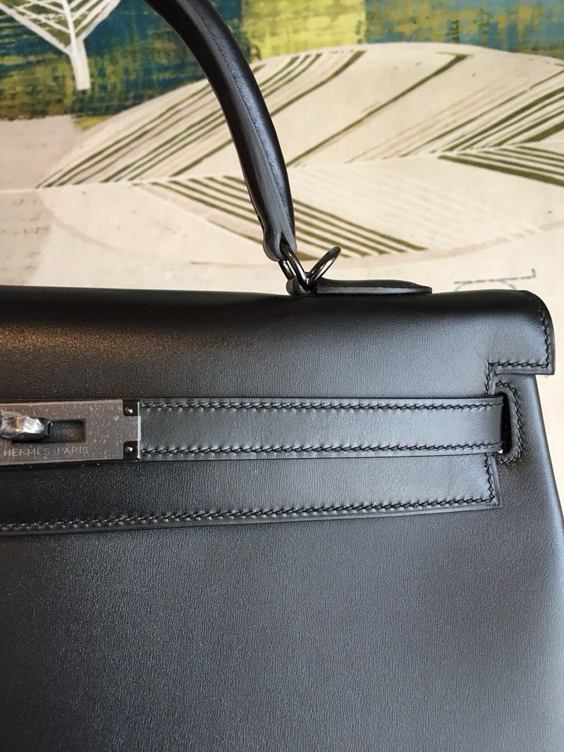 Hermes Kelly Sellier 35 Handmade Bag In Black Box Calfskin - Image 8