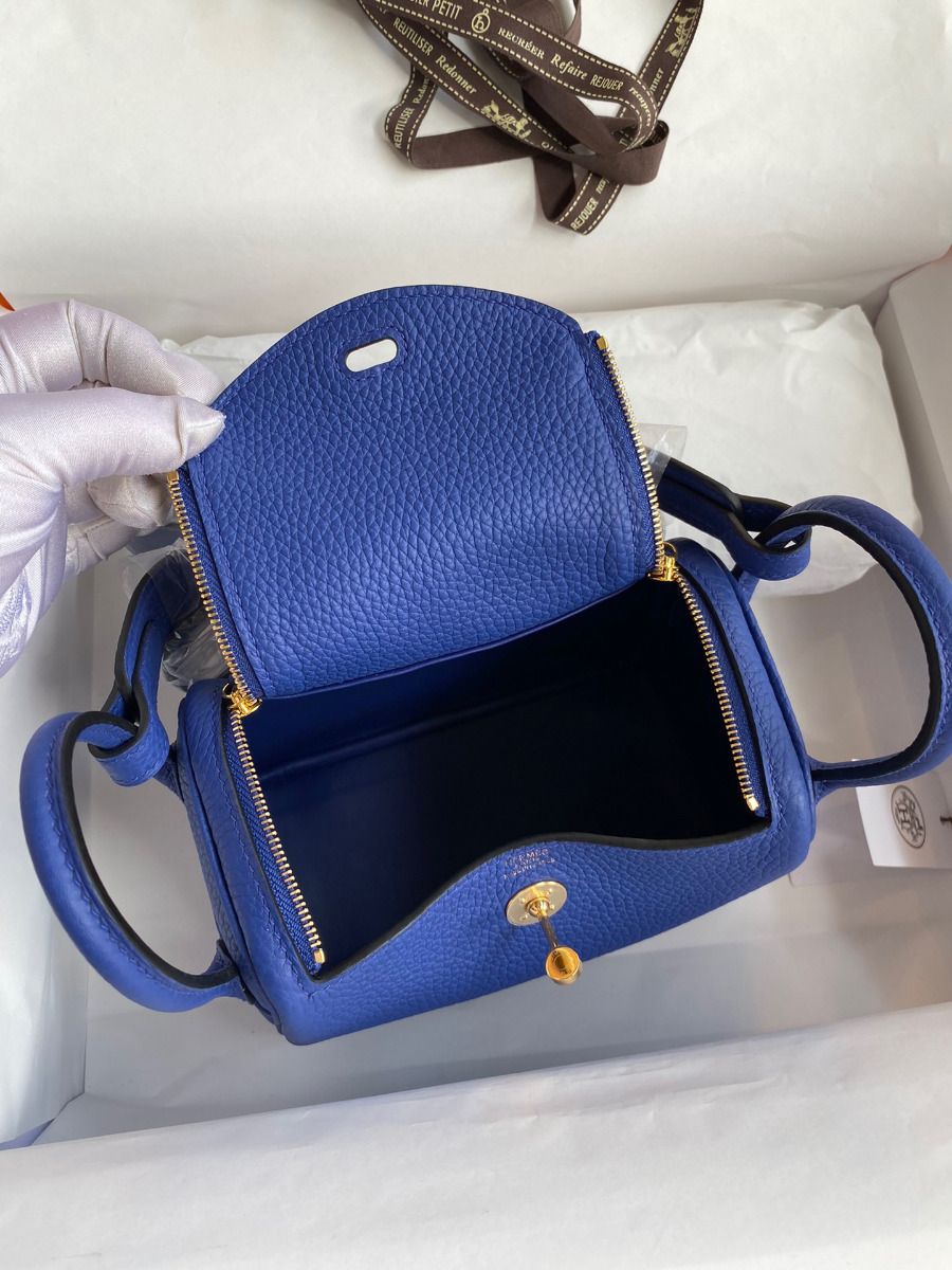 Hermes Mini Lindy Handmade Bag In Blue Electric Clemence Leather - Image 7