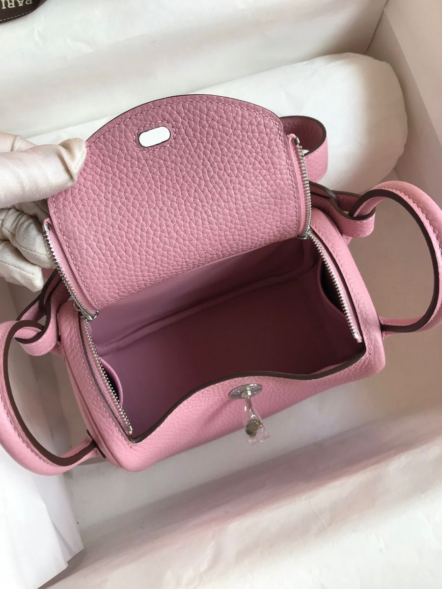 Hermes Mini Lindy Handmade Bag In Pink Clemence Leather - Image 9