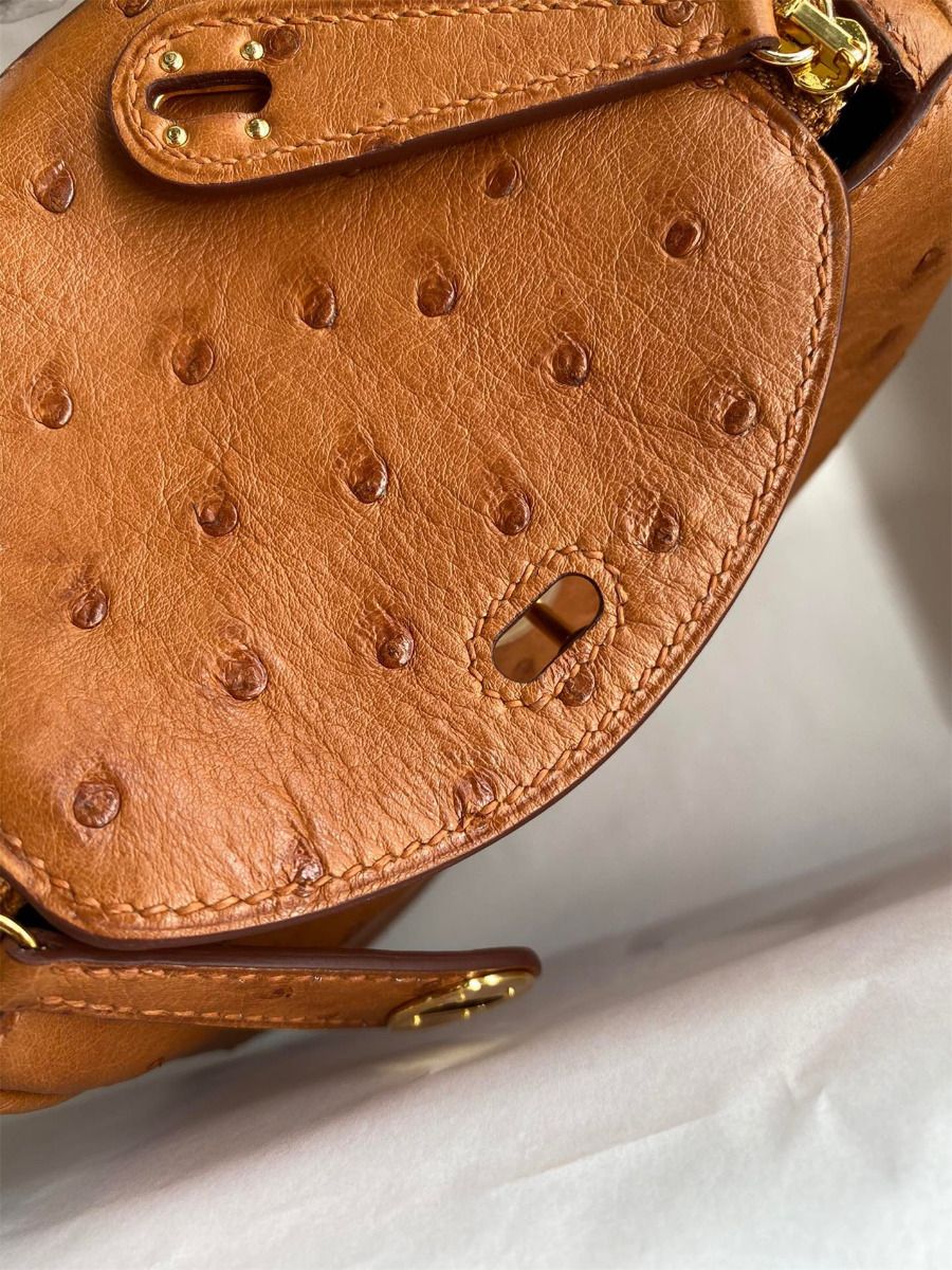 Hermes Mini Lindy Handmade Bag In Gold Ostrich Leather - Image 7