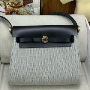 Hermes Herbag Zip 20 Bag in Grey Canvas and Black Hunter Calfskin