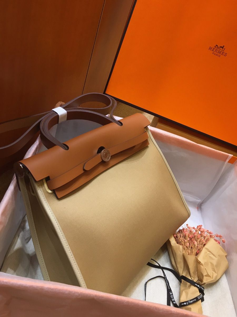 Hermes Herbag Zip 31cm Bag In Brown And Beige - Image 4