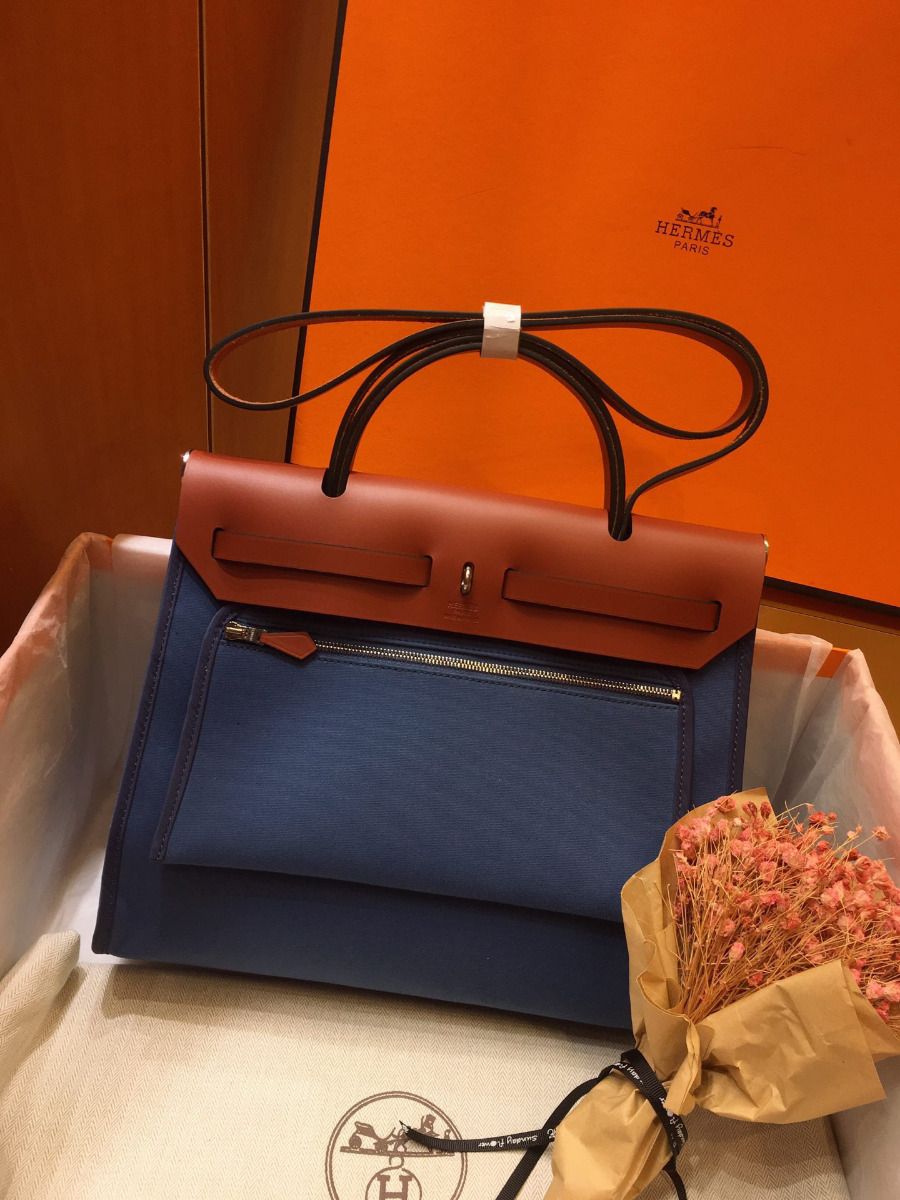 Hermes Herbag Zip 31cm Bag In Camel And Blue - Image 3