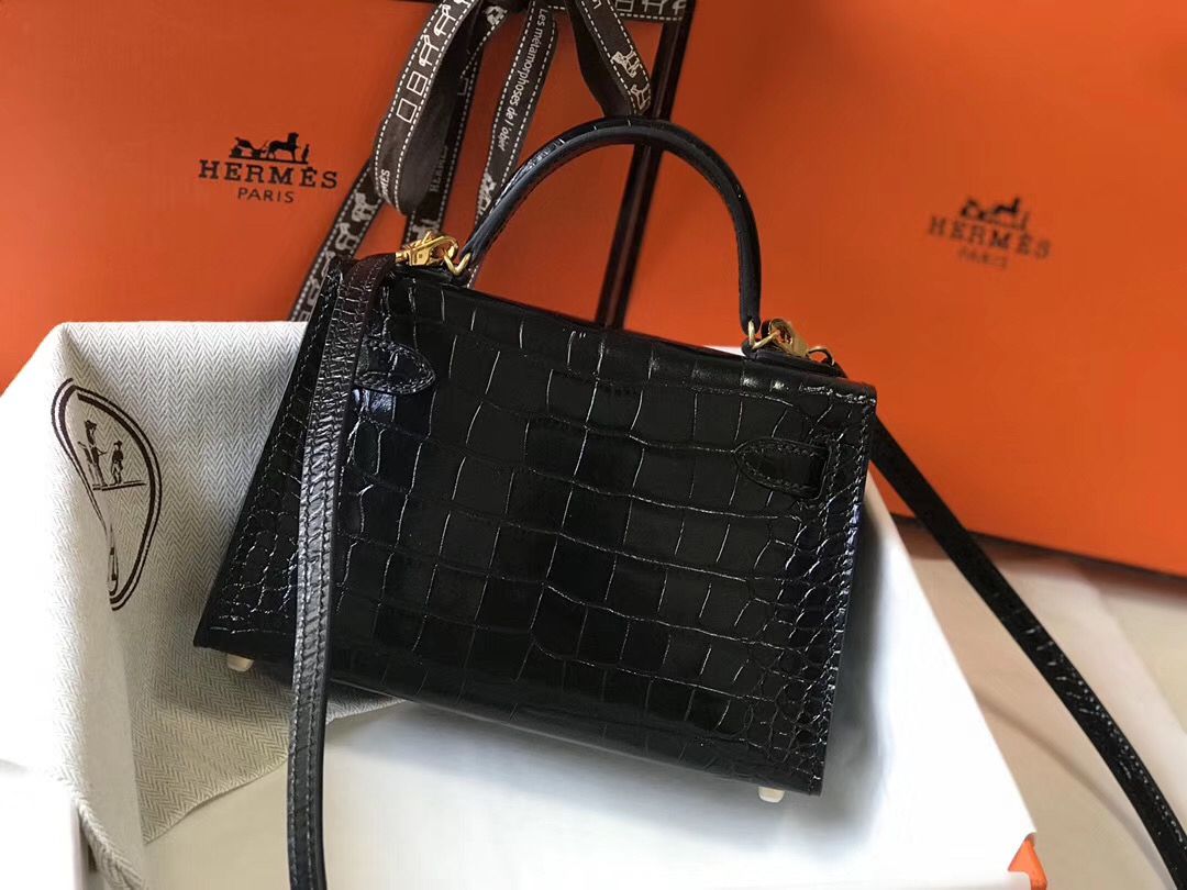 Hermes Kelly Mini II Handmade Bag In Black Crocodile Embossed Leather - Image 5