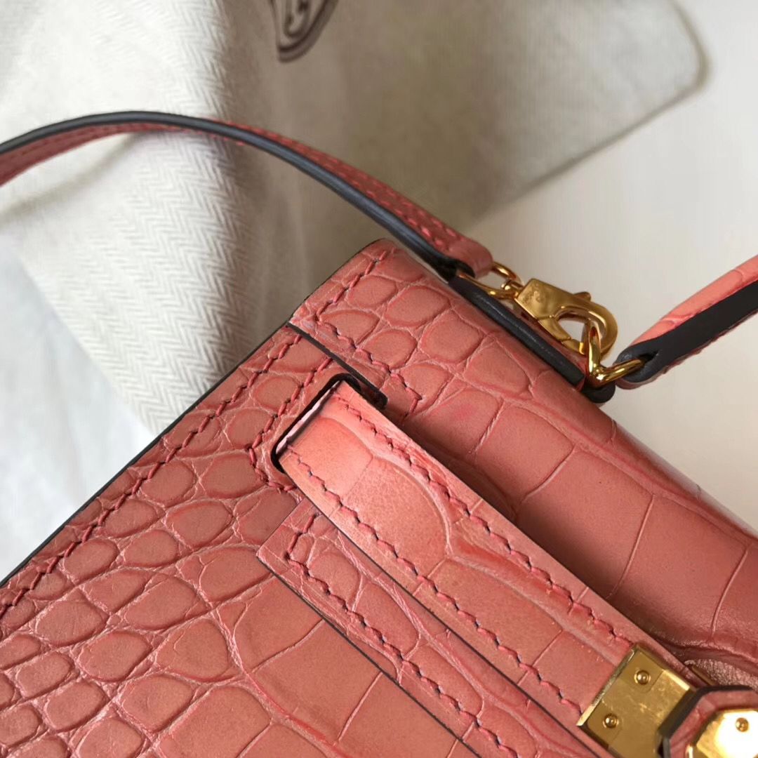 Hermes Kelly Mini II Handmade Bag In Pink Crocodile Embossed Leather - Image 9