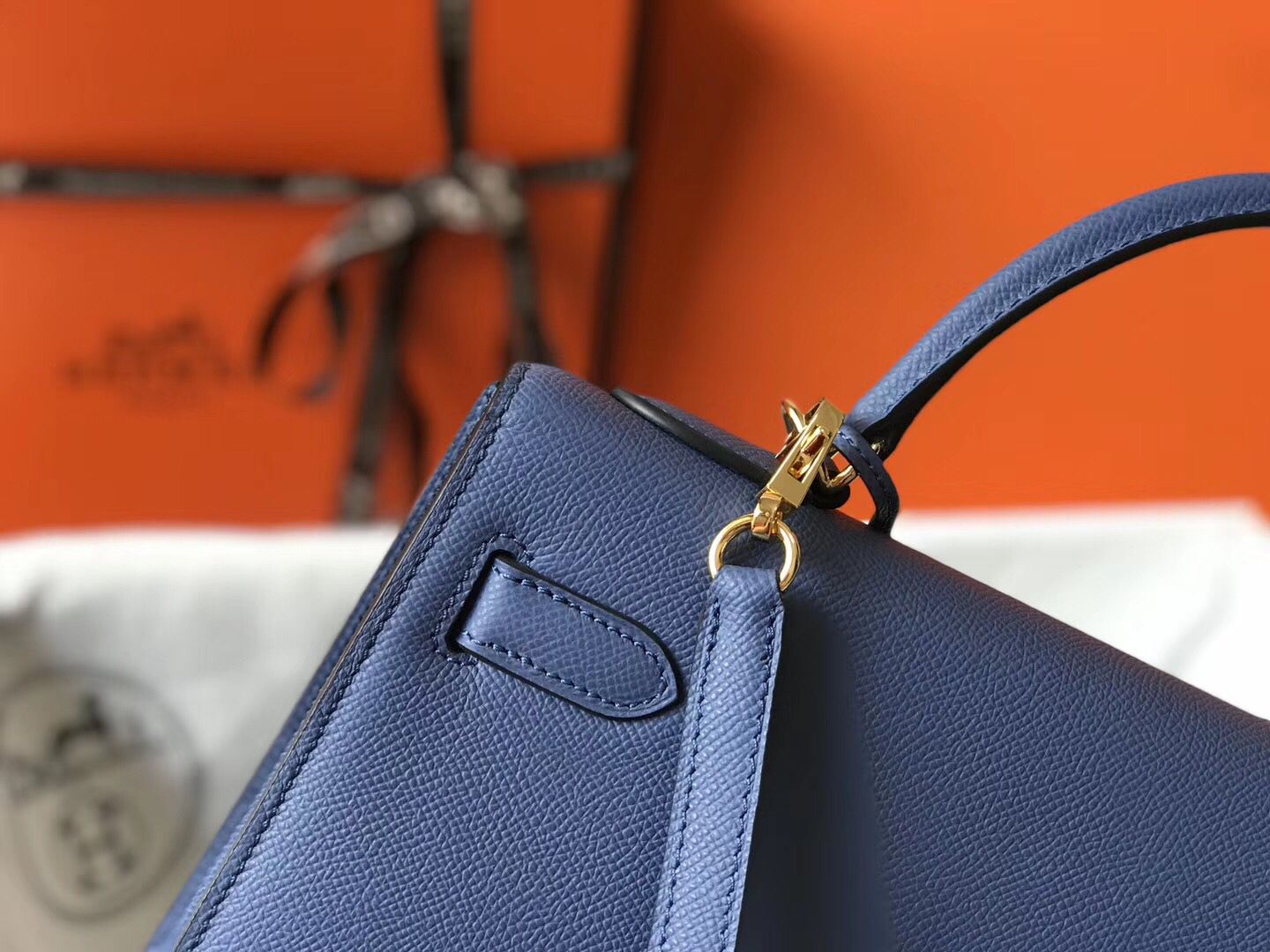 Hermes Kelly 32cm Bag In Blue Agate Epsom Leather GHW - Image 6