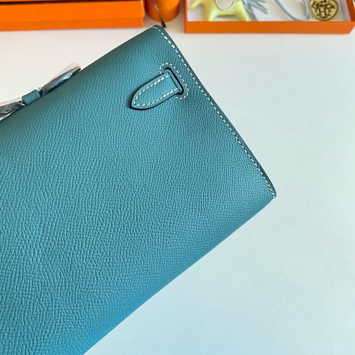 Hermes Kelly Cut Handmade Bag in Blue Jean Epsom Calfskin - Image 6