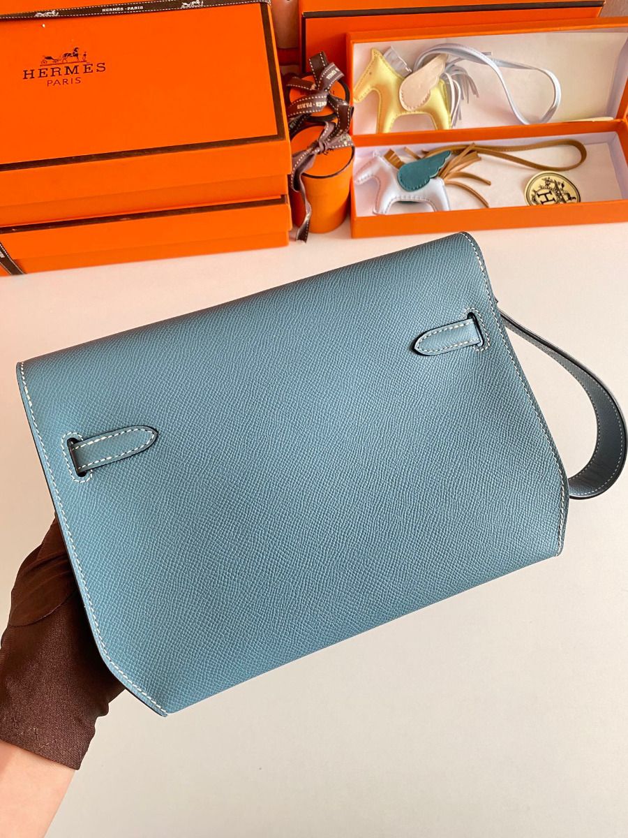 Hermes Kelly Depeches 25 Pouch in Blue Jean Epsom Calfskin - Image 9