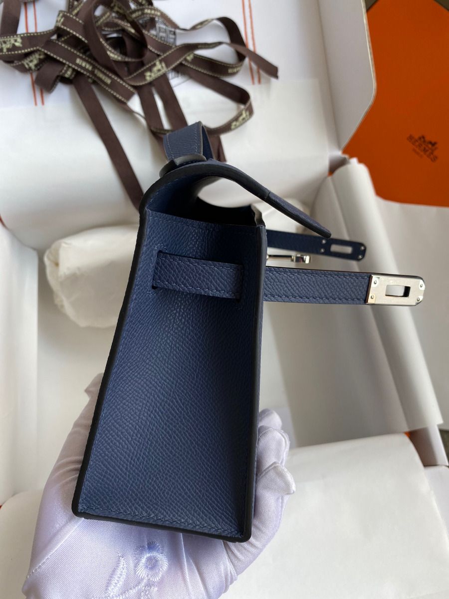 Hermes Kelly Pochette Handmade Bag In Blue Saphir Epsom Calfskin - Image 8