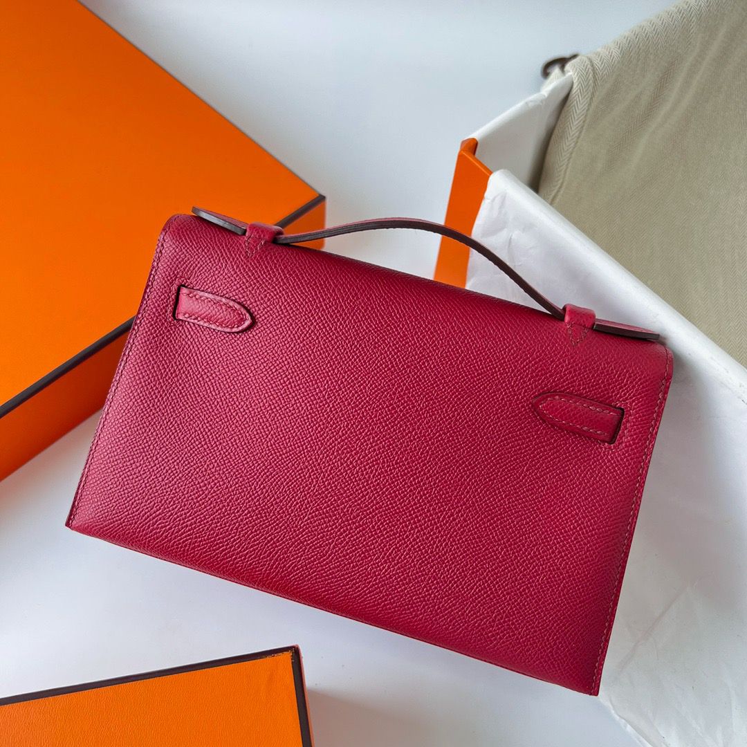 Hermes Kelly Pochette Handmade Bag In Rouge Grenat Epsom Calfskin - Image 4