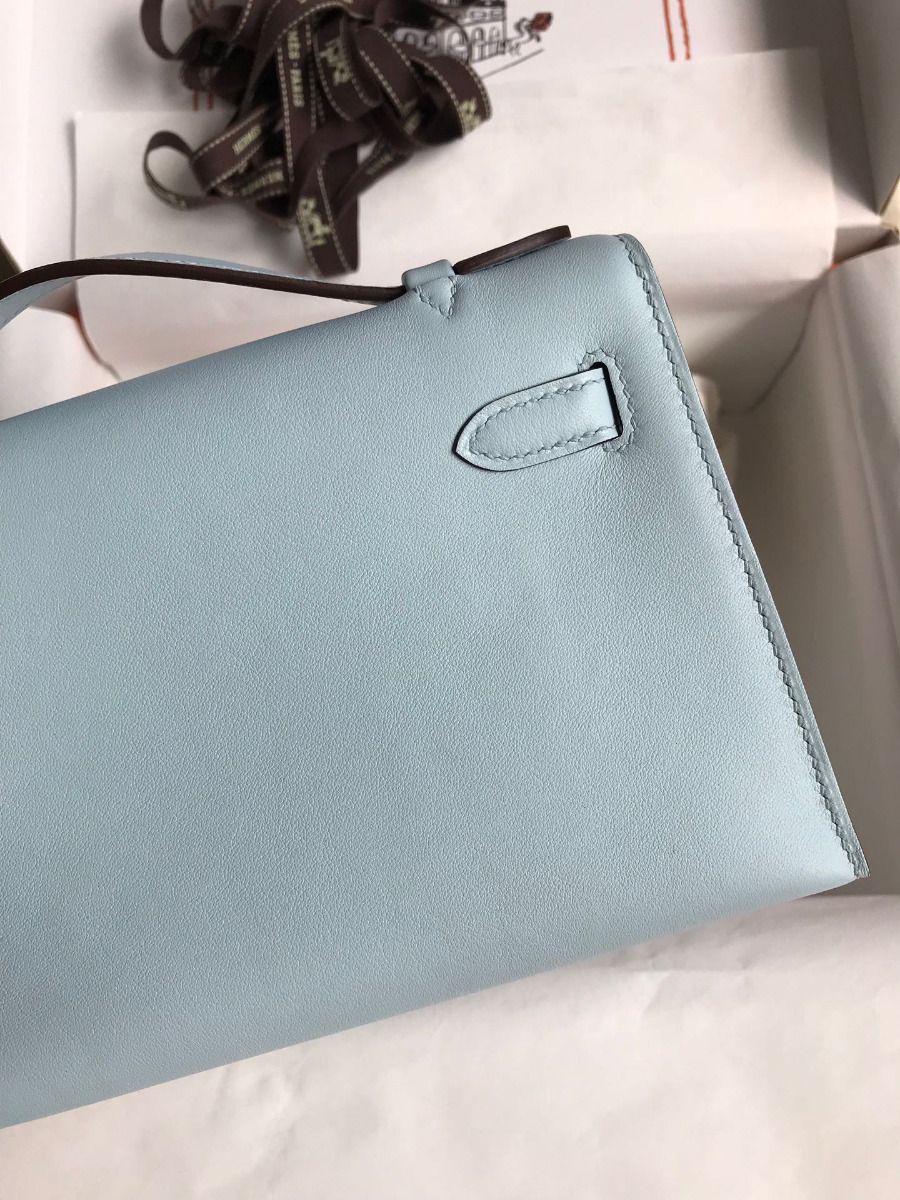 Hermes Kelly Pochette Handmade Bag In Blue Brume Swift Calfskin - Image 5