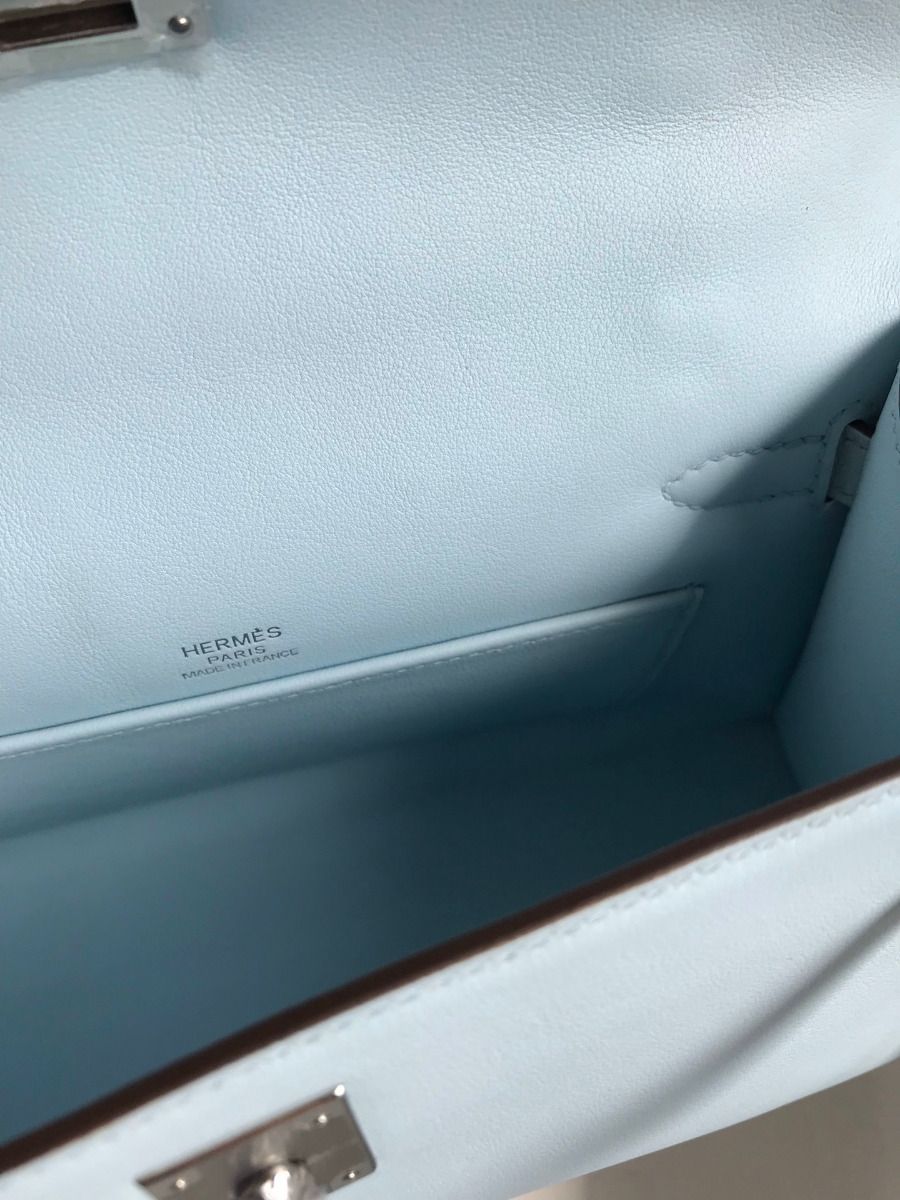 Hermes Kelly Pochette Handmade Bag In Blue Brume Swift Calfskin - Image 9